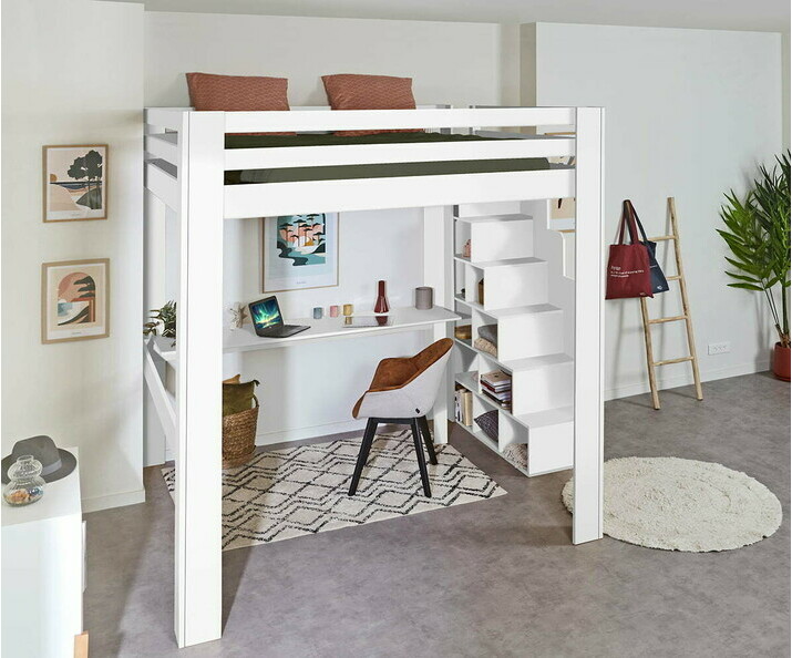  Lit mezzanine escalier 200x200 cm bois avec bureau en option