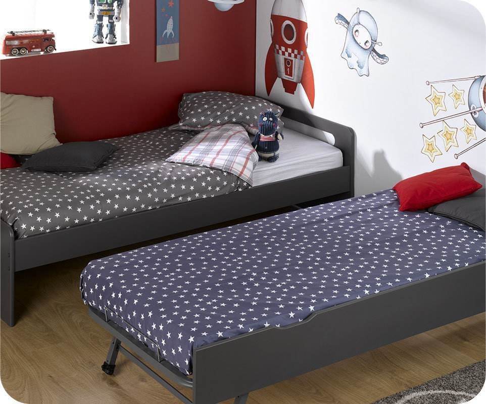 Pack Lit Enfant Gigogne Eden Gris Anthracite 90x200 Cm Avec 2 Matelas