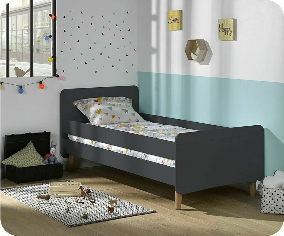 Pack Lit Enfant Willow Gris 90x190 Cm Avec Pieds Sommier Et Matelas