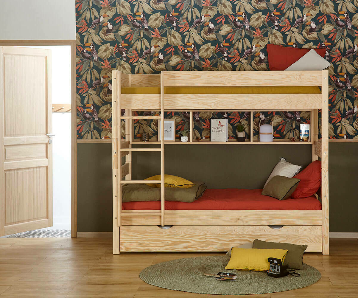 Lit superposé haut gigogne enfant 3 places 1,2,3 Bois naturel 90x190 cm