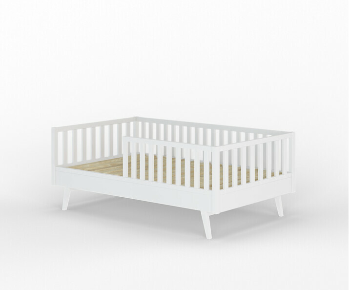 Lit enfant Montessori Capao avec pieds et barrière vue de 3/4 blanc avec sommier et matelas