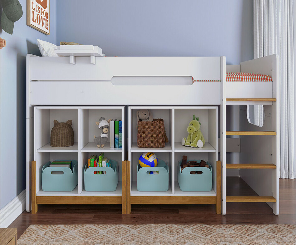 Lit Enfant Mi-hauteur Spark Blanc et Htre 90 x 200 cm avec cube de rangement en avant (en option)