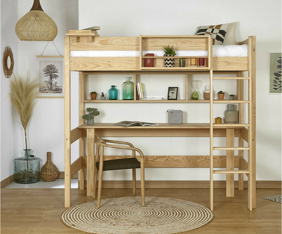 Lit mezzanine ado Clay bois naturel (bureau et rangement en option) avec matelas Lit mezzanine ado Clay bois naturel (bureau et rangement en option) avec matelas