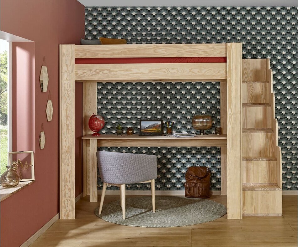 Lit mezzanine bois naturel avec escalier et bureau inclus Lit mezzanine bois naturel avec escalier et bureau inclus