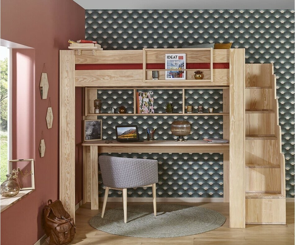 Lit mezzanine bois naturel avec meubles de rangement en option Lit mezzanine bois naturel avec meubles de rangement en option