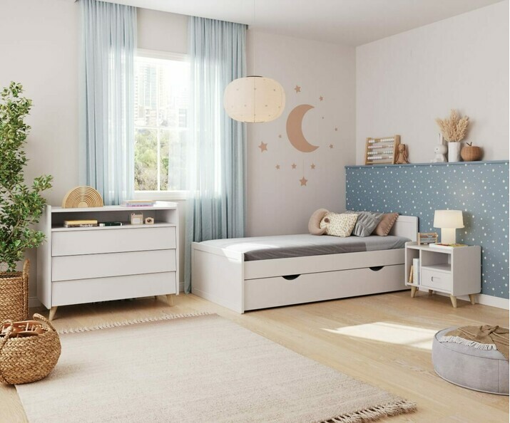 Chambre d'enfant avec lit montessori blanc, matelas et tiroir en option