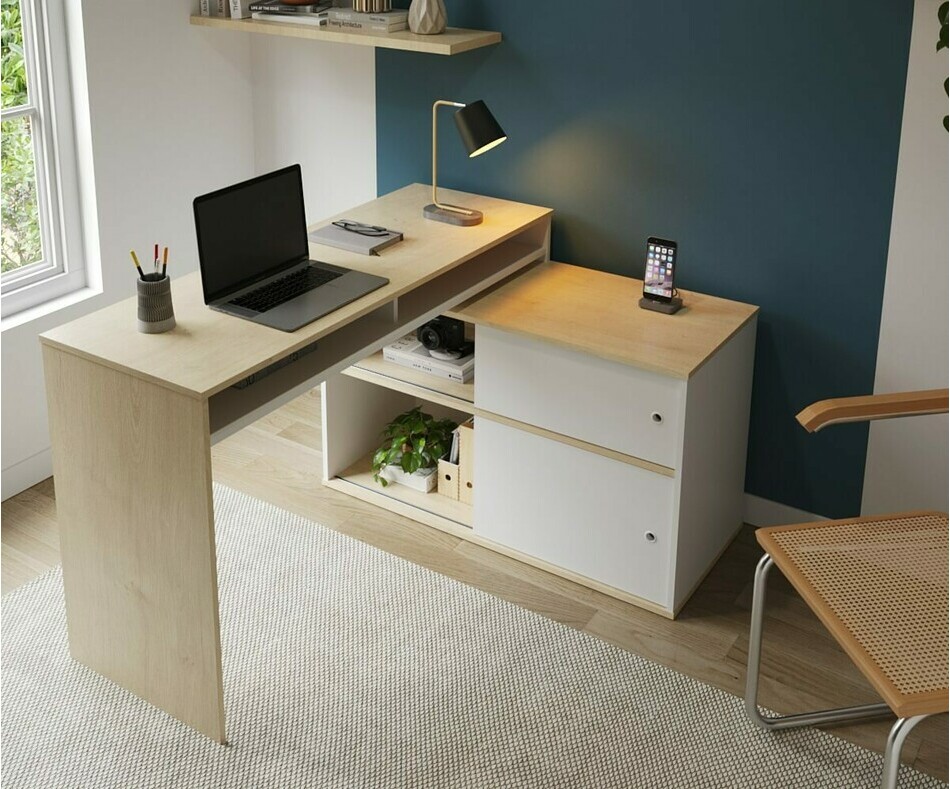 Bureau ado Bomy blanc et bois avec rangements 