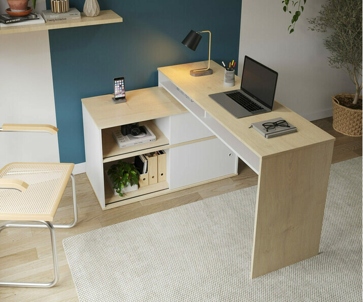 Bureau ado Bomy blanc et bois en angle avec rangements